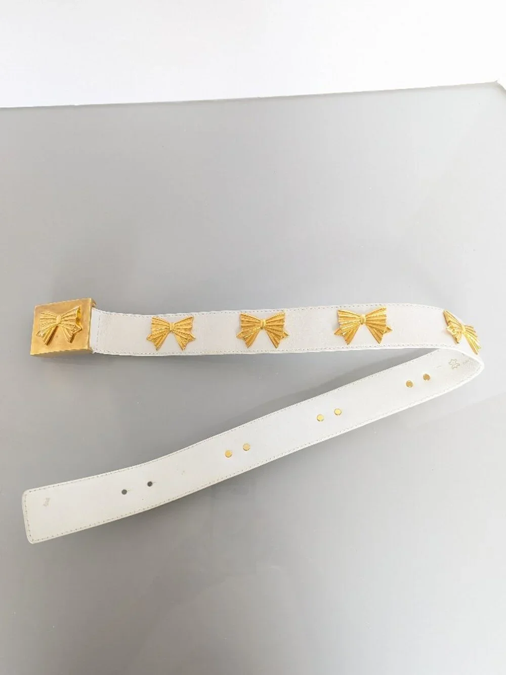 Escada Vintage White Leather Belt Gold Tone Bow Studs Bow Belt Buckle